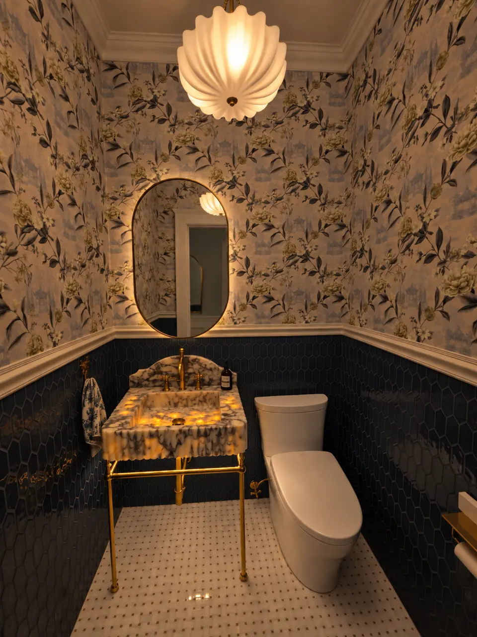 The finished powder room, with floral period wallpaper above dark blue tile, a chair rail, crown molding, a white marble mosaic floor, a hand-chiseled marble sink on lacquered brass legs, an oval brass mirror and a glass chandelier.